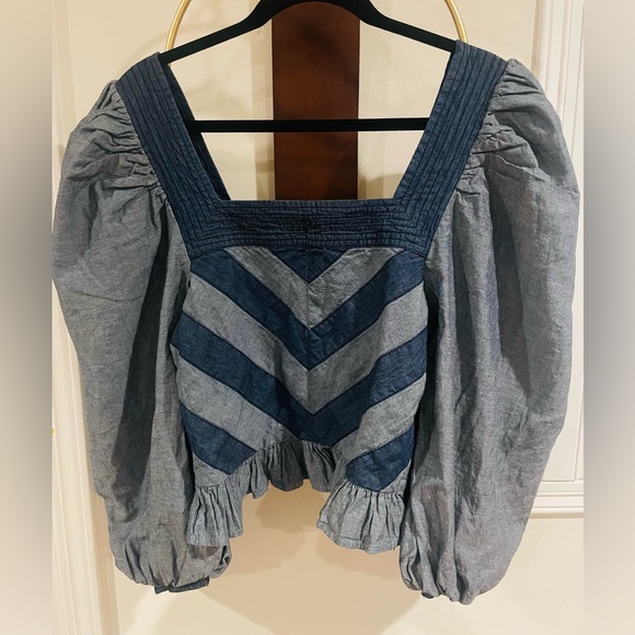 Love The Label Tops - Two-Tone Blue Square-Neck Puff Sleeve Blouse